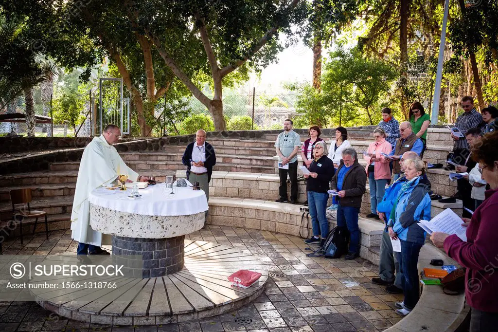 Mass by the Church of the Primacy of St. Peter in Tabgha by the Sea of Galilee, Israel.