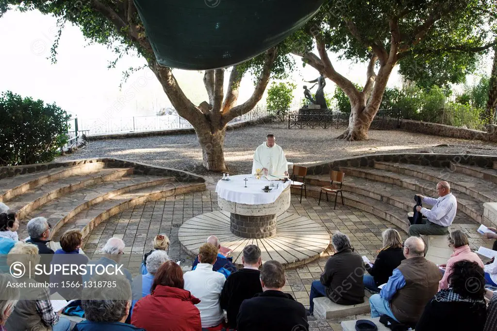 Mass by the Church of the Primacy of St. Peter in Tabgha by the Sea of Galilee, Israel.