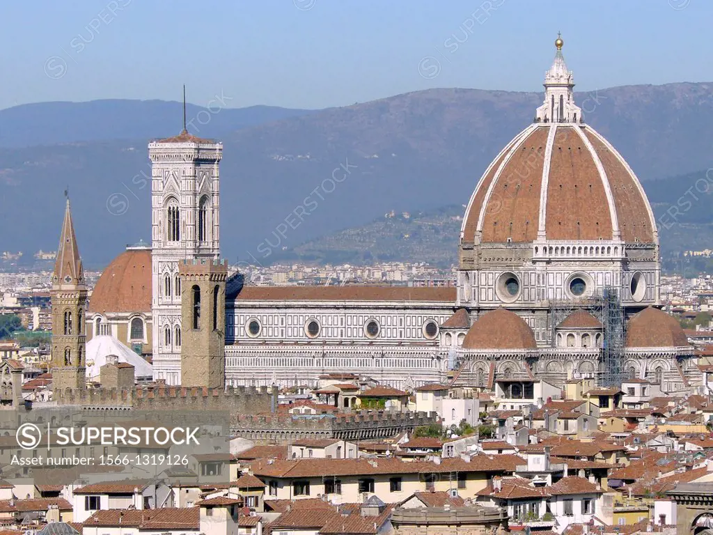 Florence (Italy). Campanile and the Duomo dome of the Cathedral of Santa Maria del Fiore in Florence.