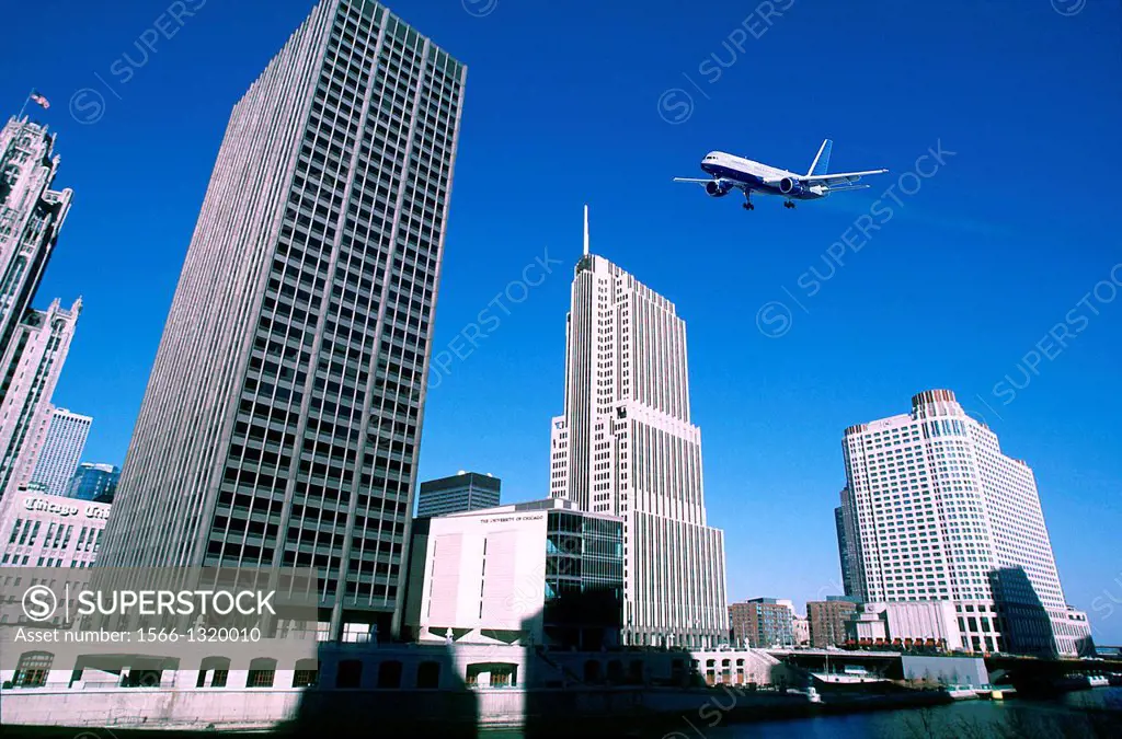 Air Plane flying above Chicago City.