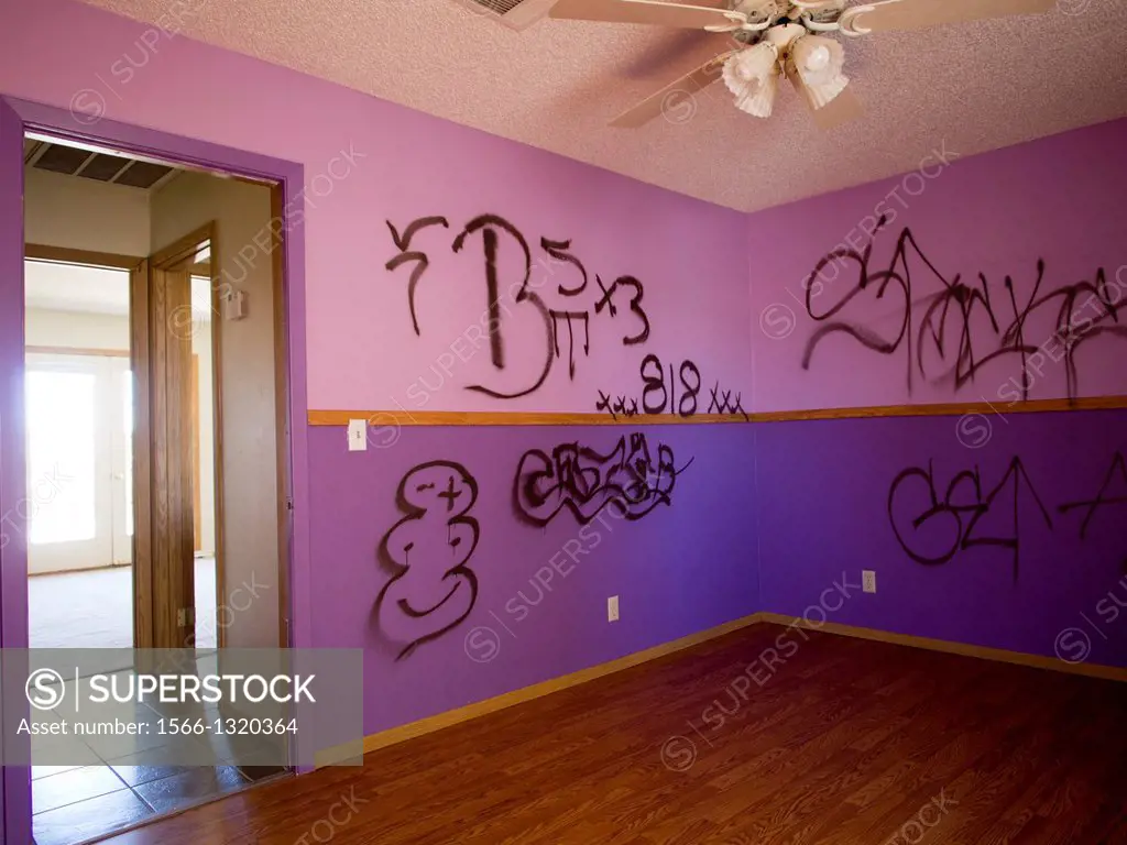 Interior of a room with graffiti inside a foreclosed home in Las Vegas, Nevada, United States.