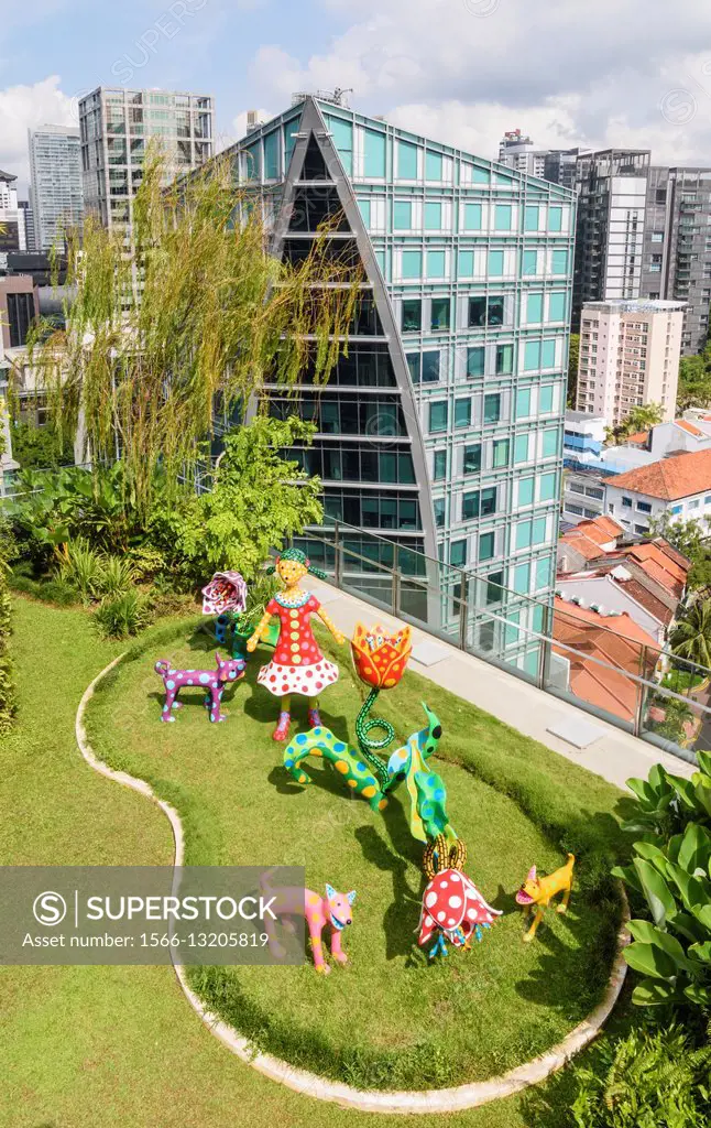 Orchard Central Roof Garden with Let. . s Go to a Paradise of Glorious Tulips by artist Yayoi Kusama, Orchard Rd, Singapore.