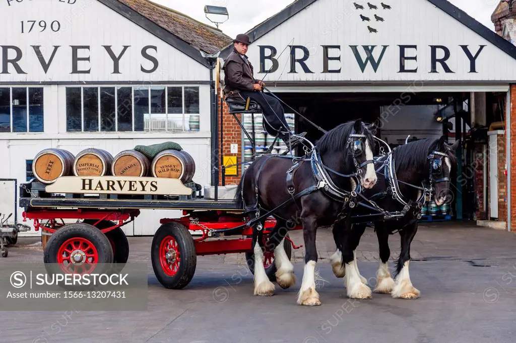 Harveys Brewery Dray and Horses Outside The Brewery, Lewes, Sussex, UK.