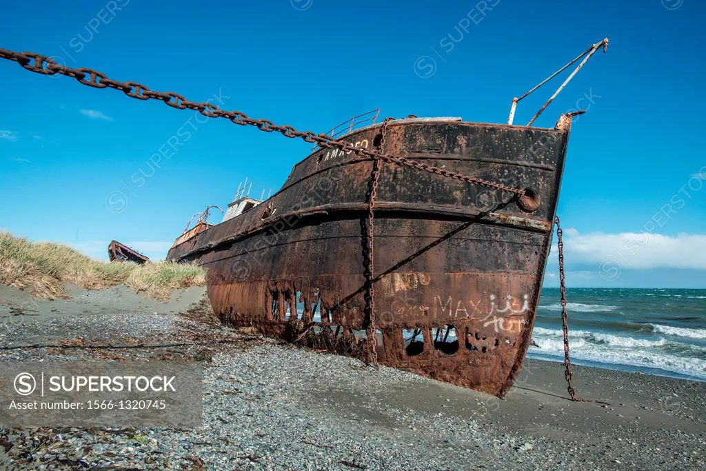 Rotting Ship tethered to Shore, San Gregorio, Chile.