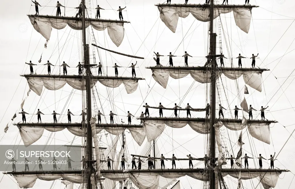 sailors on Cuauhtemoc - Mexican sailing vessel, Armada 2013 - cruise of biggest sailing vessels in the world on Seine river from Rouen to Atlantic Oce...