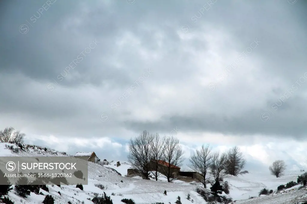 Country landscape Gudar mountains in snow Teruel Aragon Spain.