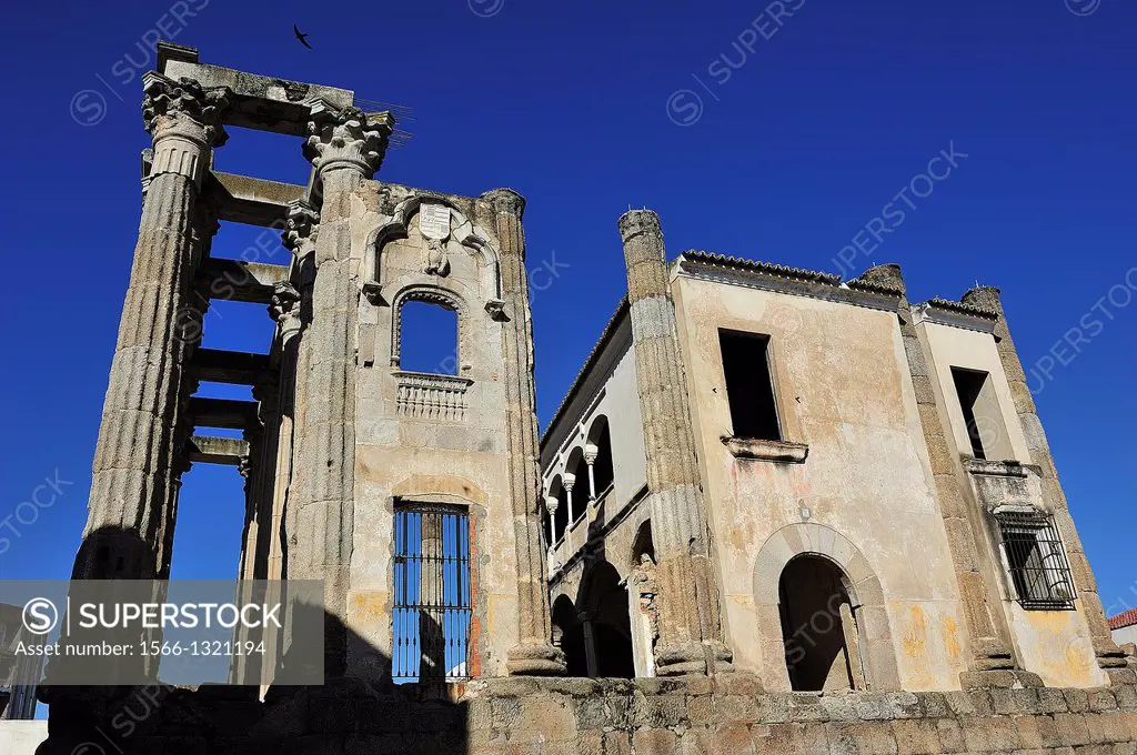 Temple of Diana in the Roman Forum, and palace of Corbo. Merida, Badajoz, Spain