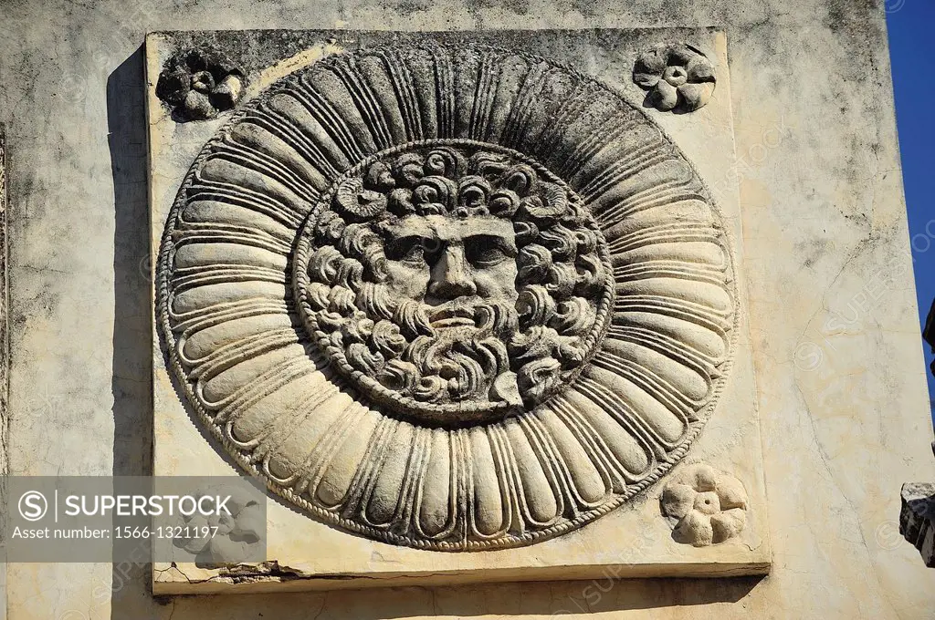 Gate of the Roman Forum, detail of Jupiter head. Merida, Badajoz, Spain