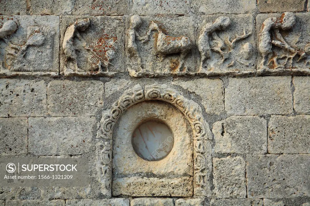 Calendar detail carved on the wall of the Romanesque church of San Bartolomé (12th century), Campisábalos, Guadalajara province, Castilla-La Mancha, S...