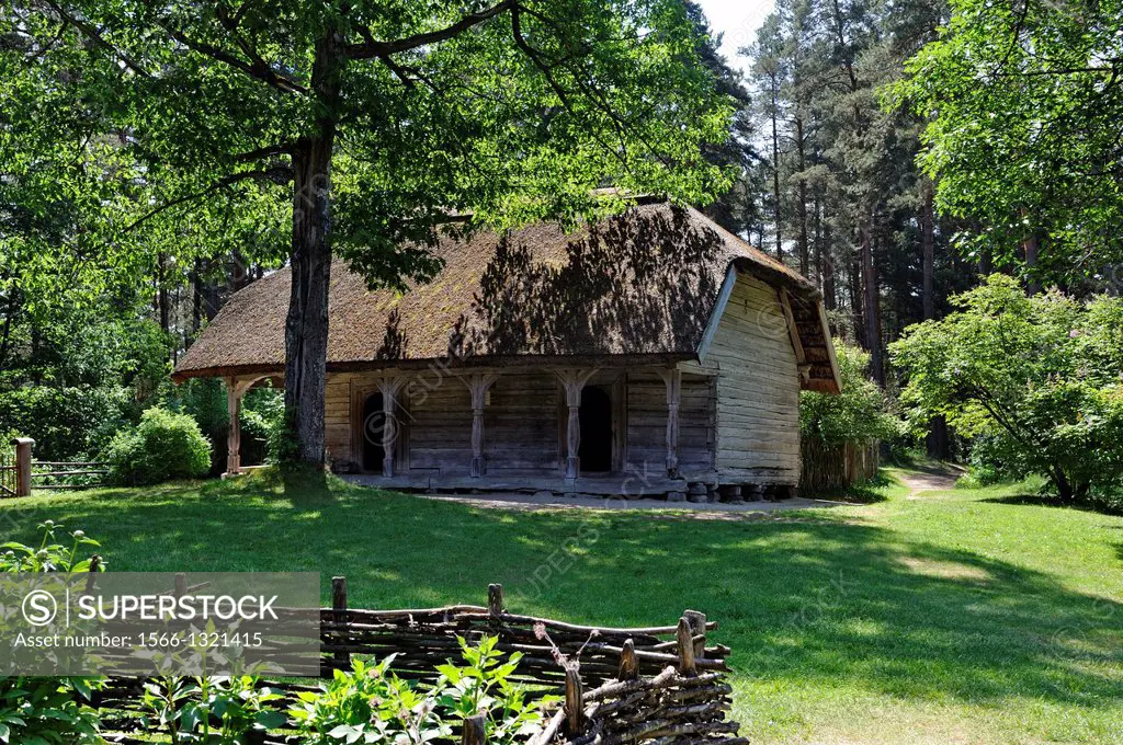thatched granary in the village of Kurzeme, Ethnographic Open-Air Museum around Riga, Latvia, Baltic region, Northern Europe.