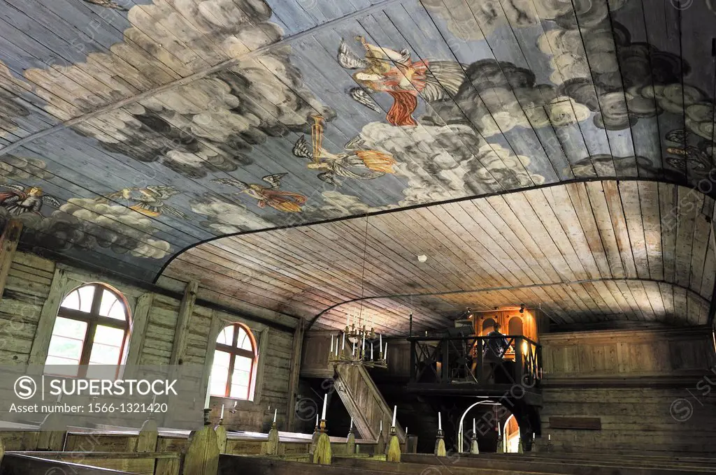 painted ceiling of the Lutheran Usma church, Ethnographic Open-Air Museum around Riga, Latvia, Baltic region, Northern Europe.