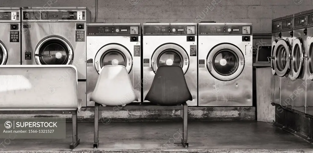 Black and white interior of laundromat in Vero Beach, FL, USA.