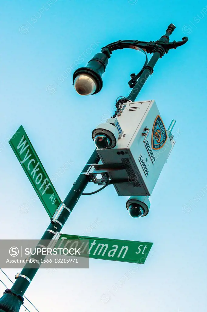 New York City, USA. Multiple security camera´s mounted on a streetsign in Buschwick, Brooklyn.