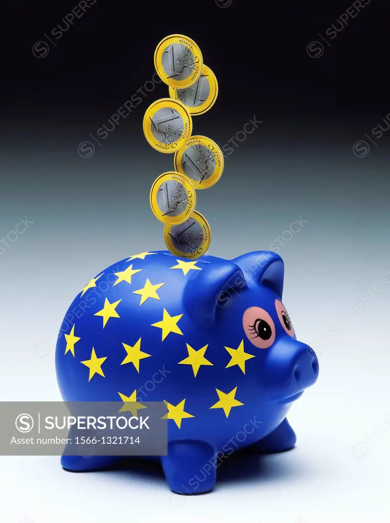 Euro coins flowing into European piggy bank.
