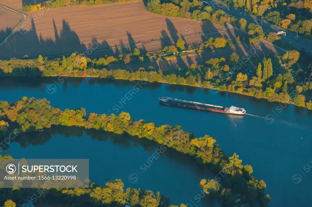 France, Moselle (57), Metz, Moselle river, river barge (aerial view).