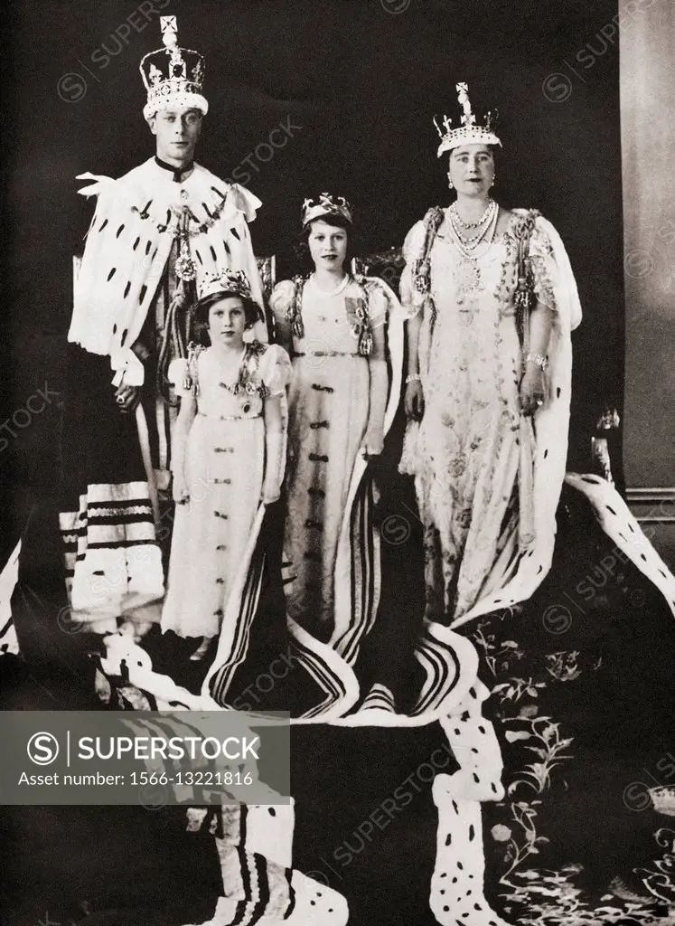 King George VI and his wife Queen Elizabeth seen here the day of their coronation, 12 May, 1937, with their daughters Princess Margaret and Princess E...