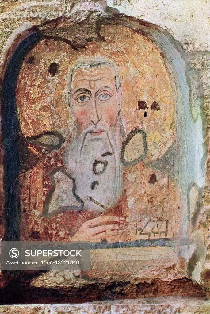 Fresco in the nave of Santa Maria Antiqua, Rome, Italy depicting the head of Saint Abbacyrus or Abba Cyrus, of Alexandria. From Roma Sacra, published ...