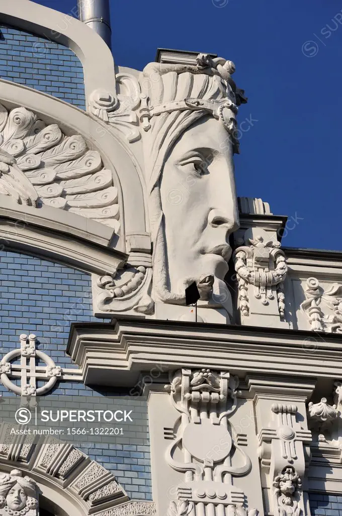 part of pediment of Art Nouveau building´s facade in Elizabetes street, work of the architect Mikhail Eisenstein, Riga, Latvia, Baltic region, Norther...