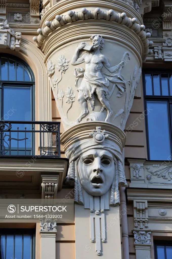 detail of Art Nouveau building´s facade in Alberta street, work of the architect Mikhail Eisenstein, Riga, Latvia, Baltic region, Northern Europe.
