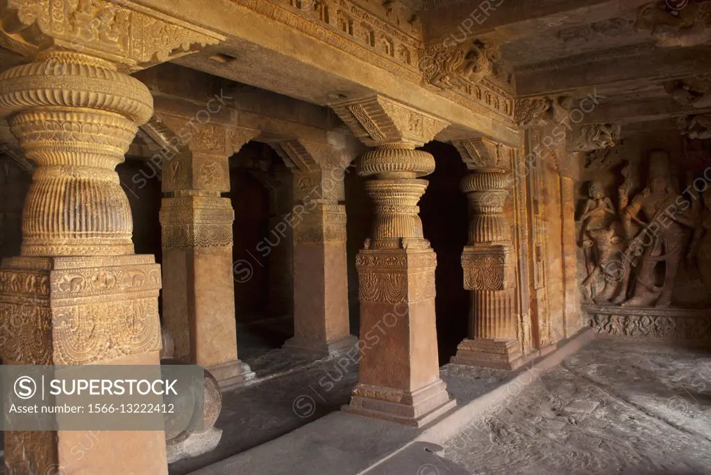 Cave 1: Interior view of a 18 pillared hall. Badami Caves, Karnataka, India.