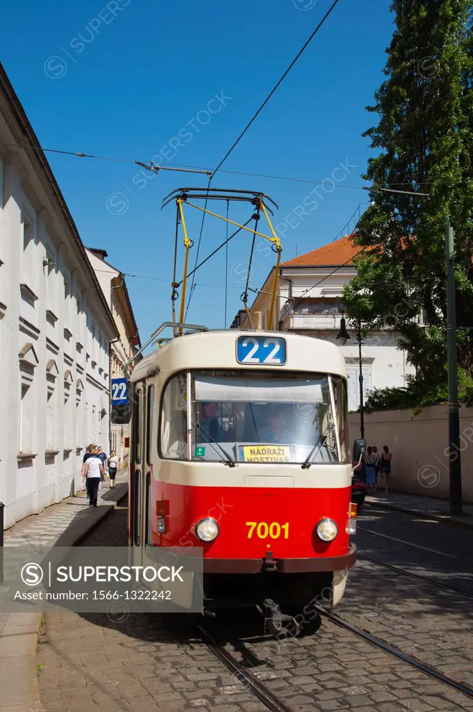 Tram 22 going through Mala Strana district Prague city Czech Republic Europe.