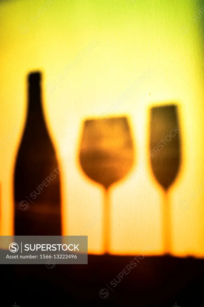Silhouettes of a bottle, a glass of wine, a glass of champagne.