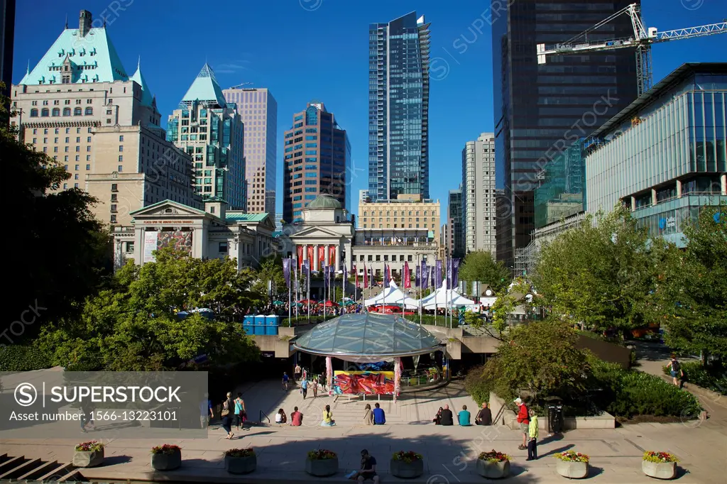 view of Robson square in downtown Vancouver Canada.