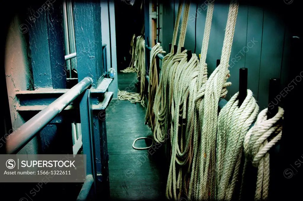 closeup of ropes of rigging the Theatre Mahon, Menorca, Balearics, Spain