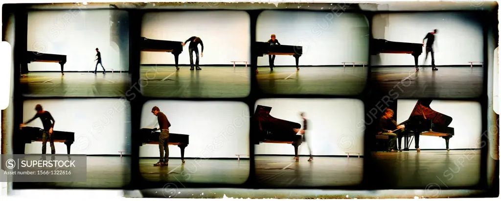 Multi-image sequence of a musician pianist with a grand piano on stage