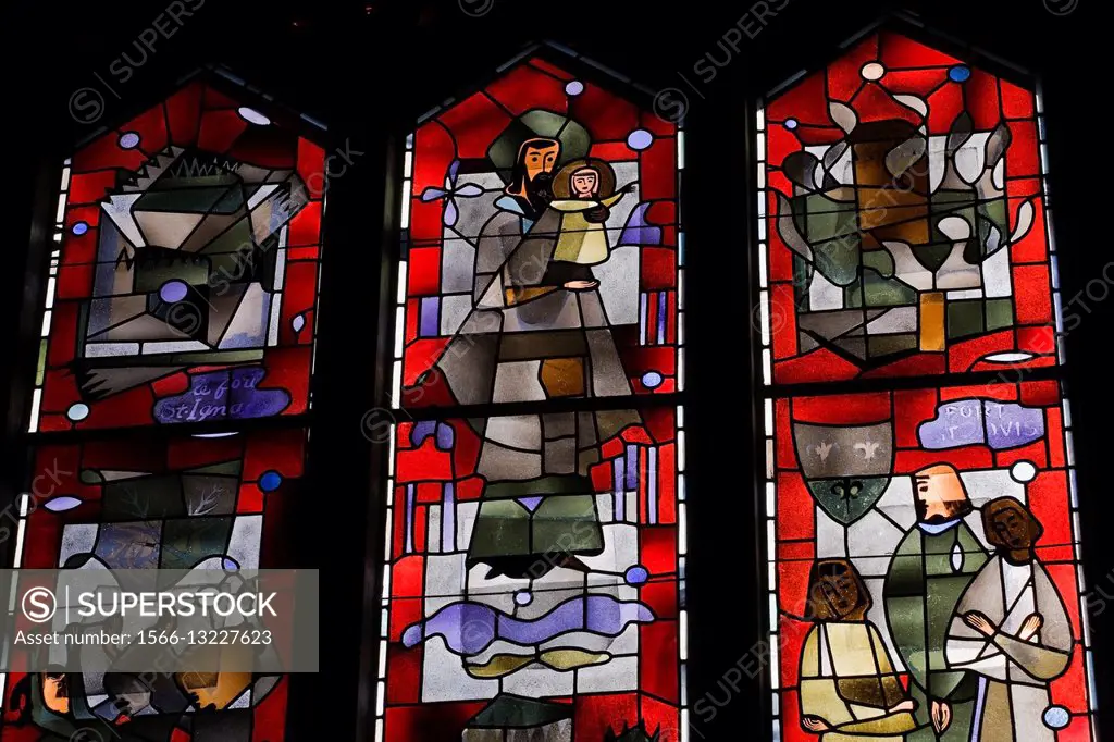 Stained Glass windows decorated with a religious figurines, Saint-Joseph´s Oratory, Montreal, Quebec, Canada.