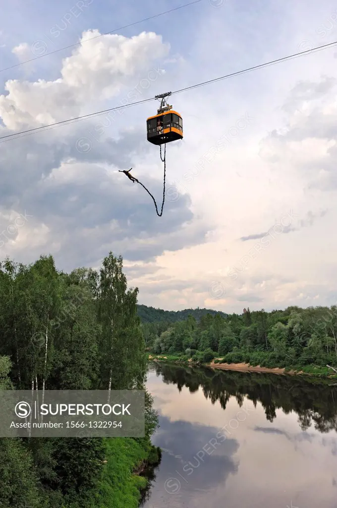 bungee jumping from the cable car over the Gauja River, around Sigulda, Gauja National park, Vidzeme Region, Latvia, Baltic region, Northern Europe.