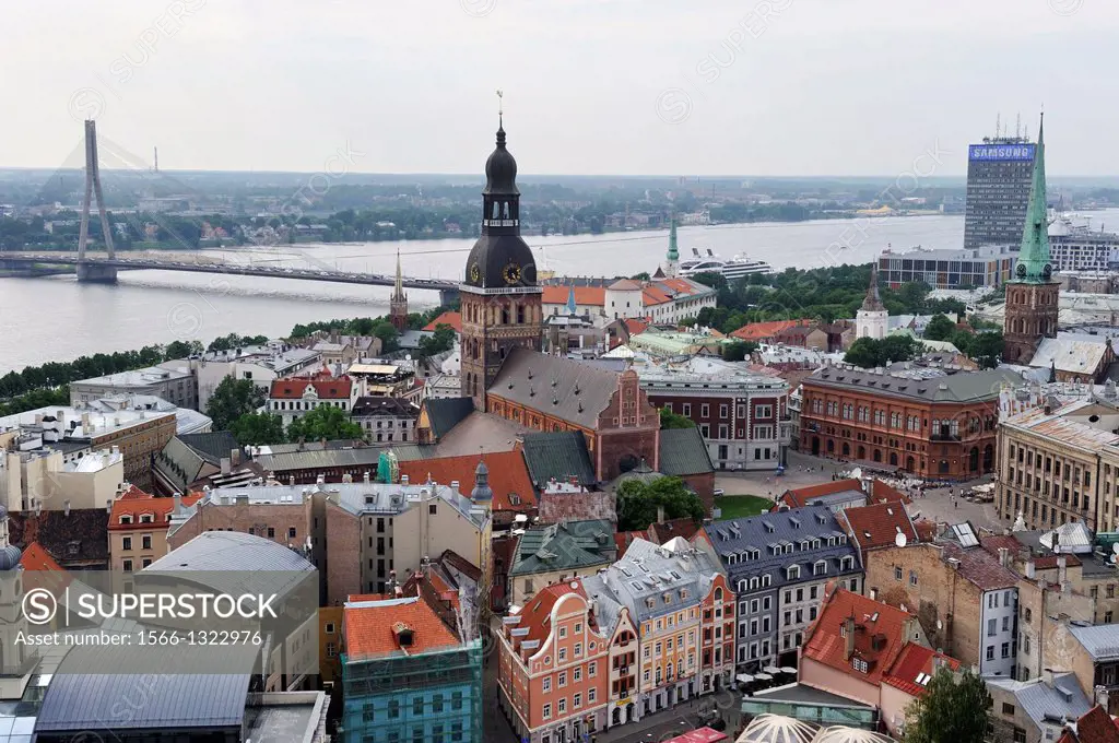 aerial view over the Daugava River and the Dome Cathedral from St Peter´s Church tower, Riga, Latvia, Baltic region, Northern Europe.