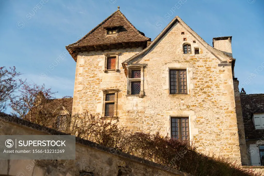 France, Midi-Pyrénées, Carrenac. Tall stone house in the medieval village. Officially classified as one of the most beautiful villages of France