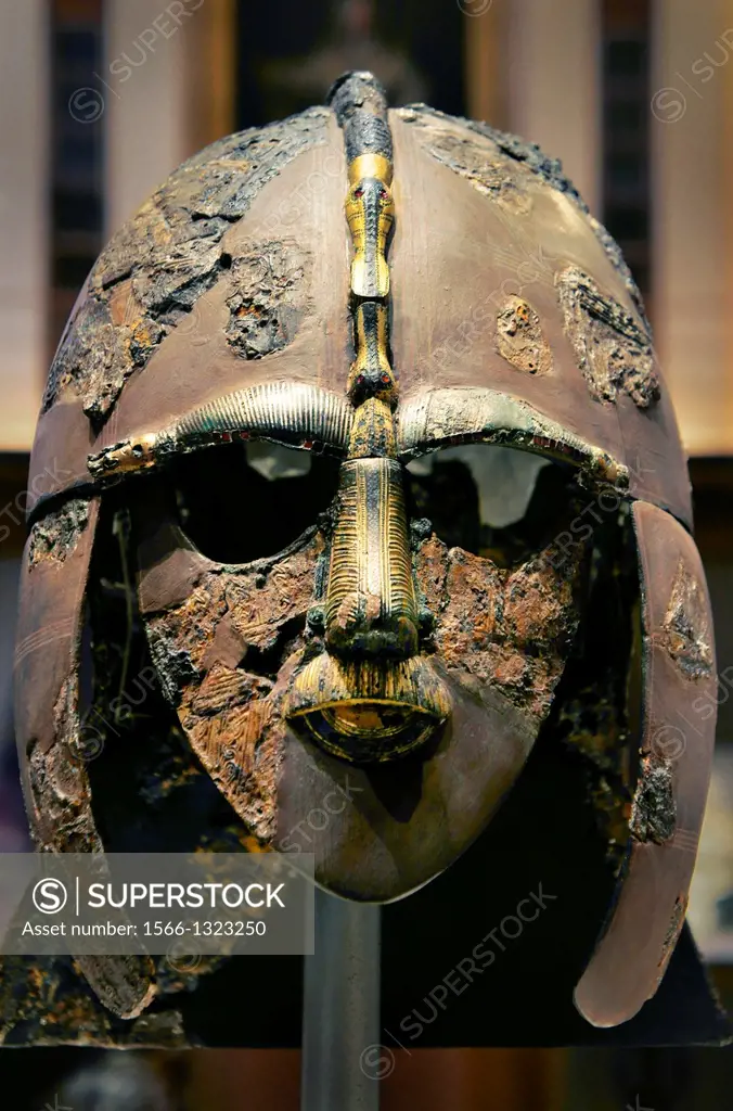 Sutton Hoo helmet circa 625 AD. From early Anglo Saxon ship burial near Woodbridge Suffolk. On display in British Museum, London.