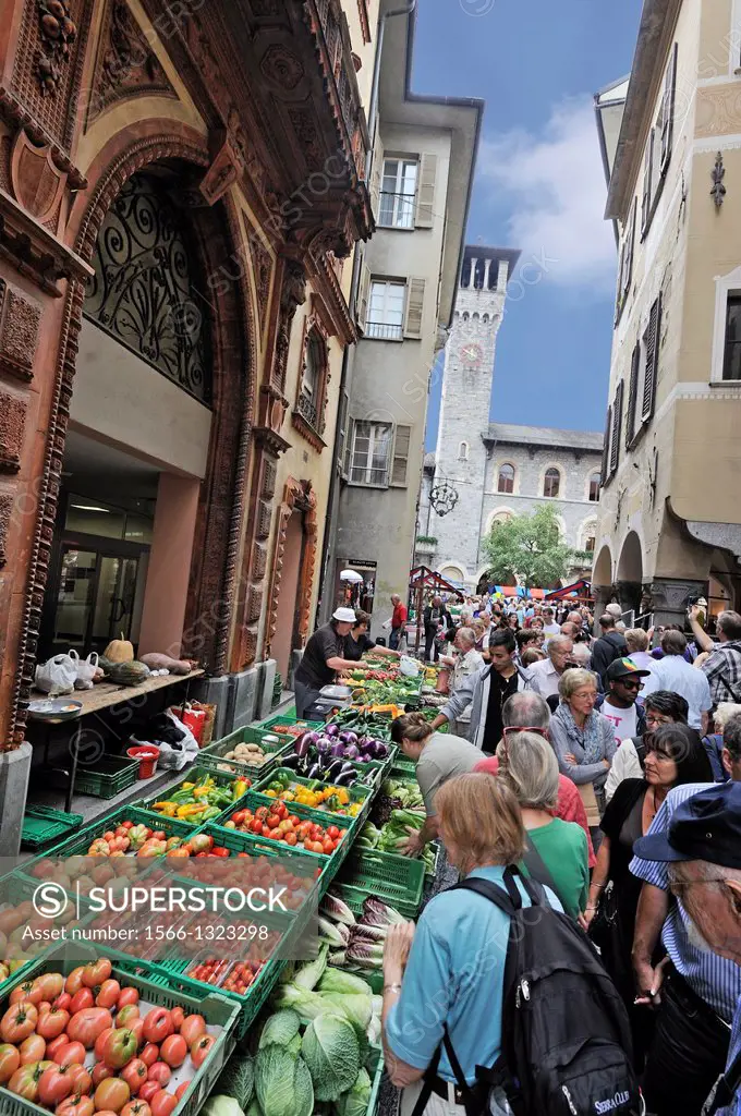Market day - Bellinzona is the administrative capital of the canton Ticino in Switzerland. The city is famous for its three castles (Castelgrande, Mon...