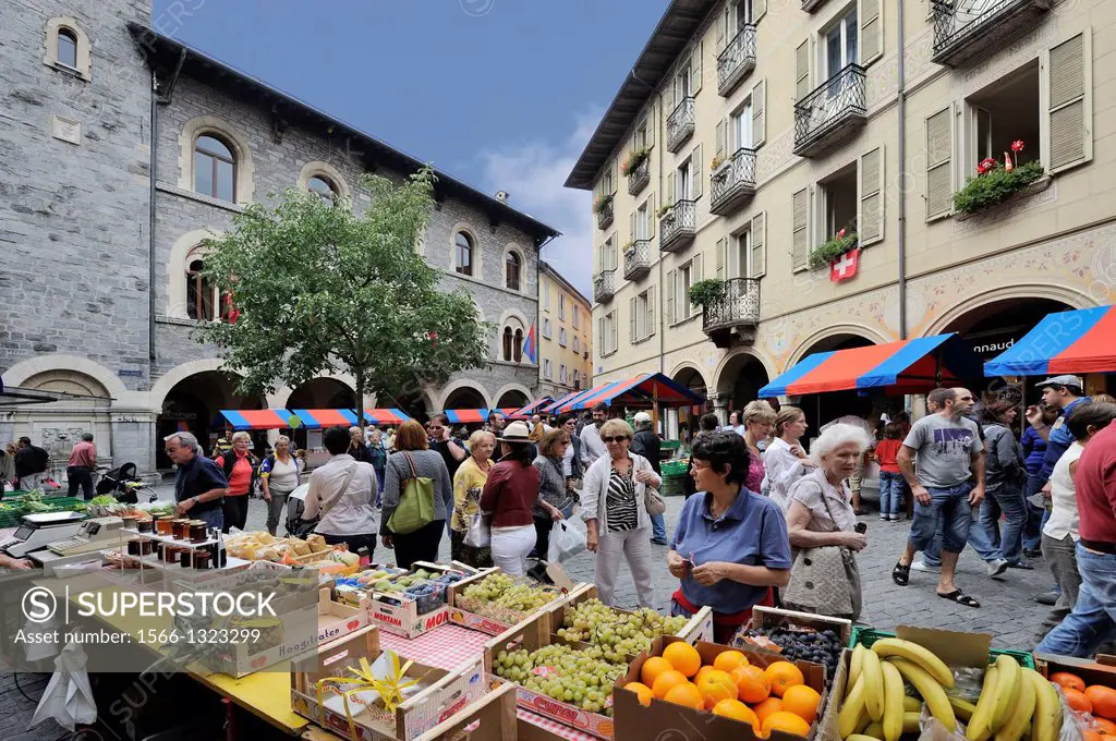 Market day - Bellinzona is the administrative capital of the canton Ticino in Switzerland. The city is famous for its three castles (Castelgrande, Mon...