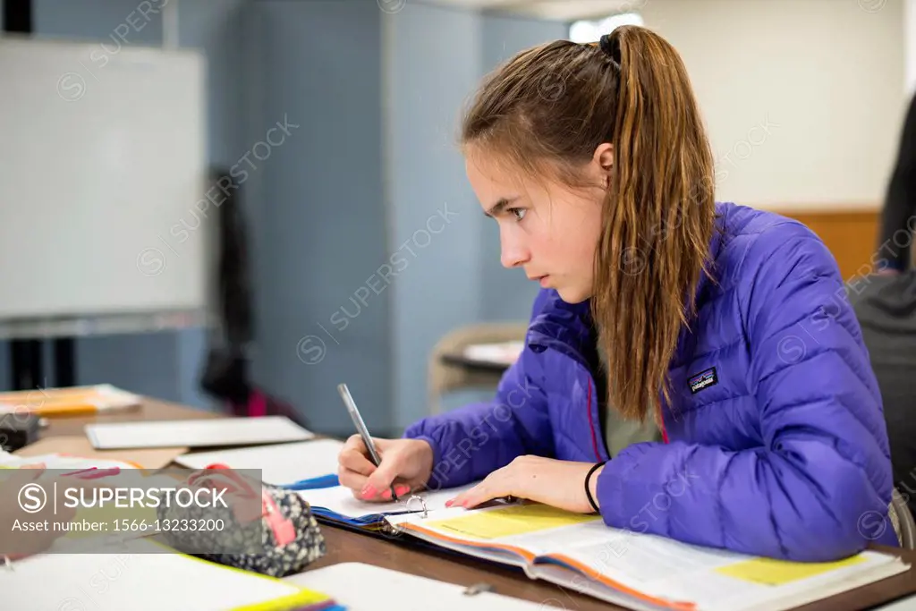 Harrison, New York, USA. Female primary school student attending her lessons at the school for Dutch Language & Culture.