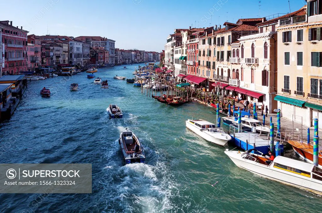 Europe, Italy, Veneto, Venice, classified as World Heritage by UNESCO. Traffic boats on the Grand Canal.
