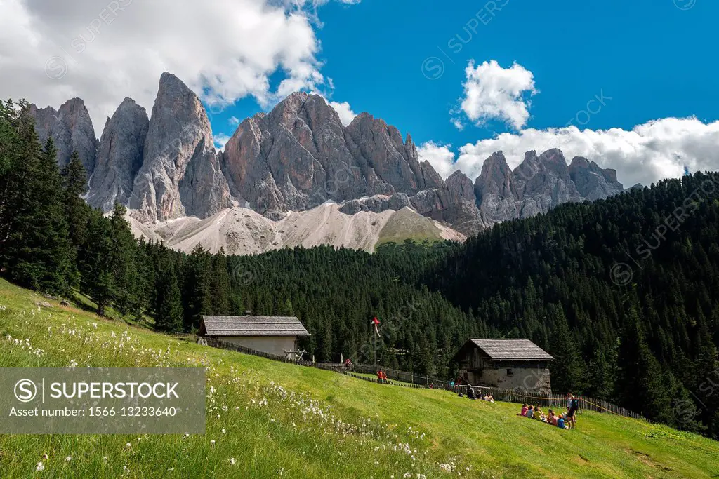 Funes Valley, Dolomites, South Tyrol, Italy. The Dussler Alm and the peaks of the Odle.