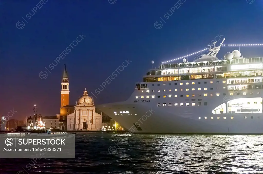 Europe, Italy, Veneto, Venice, classified as World Heritage by UNESCO. Cruise on the lagoon whit the church San Giorgio Maggiore at night.