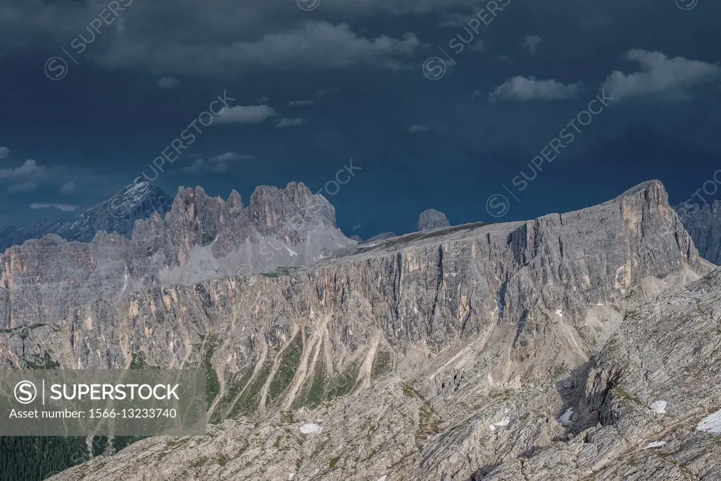 Nuvolau, Dolomites, Veneto, Italy. The Dolomites after the storm. From left Antelao, Croda da Lago and Lastoi de Formin.