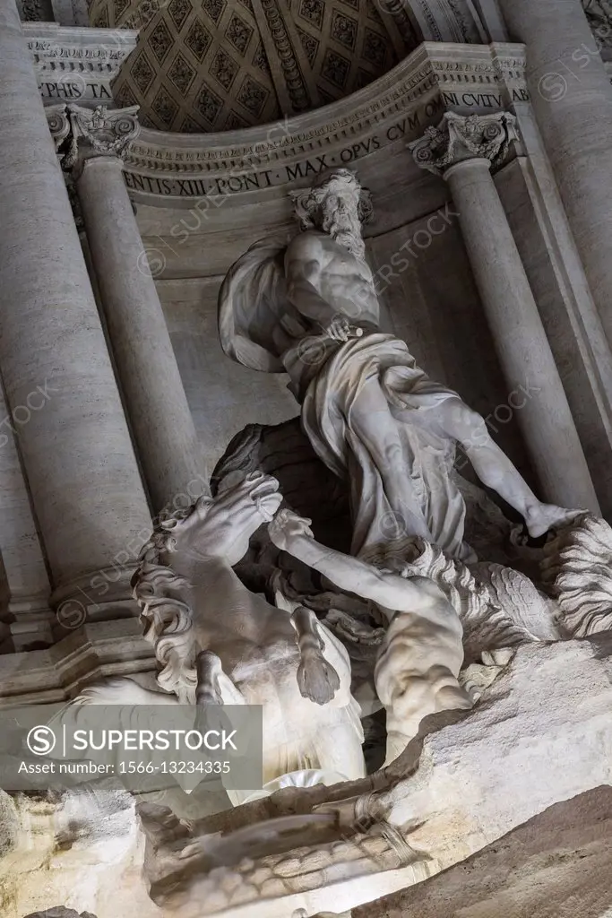 Rome, Lazio, Italy, The Trevi Fountain, Statue of Oceano.