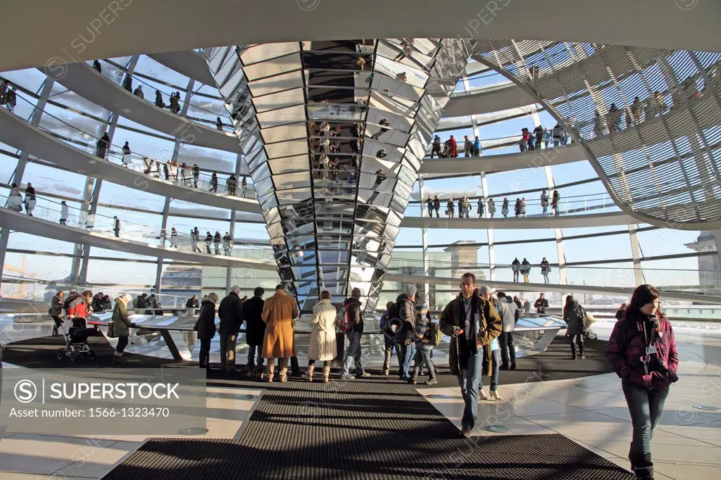 BERLIN, GERMANY: The Reichstag dome is a glass dome constructed on top of the rebuilt Reichstag building in Berlin, symbolize the reunification of Ger...