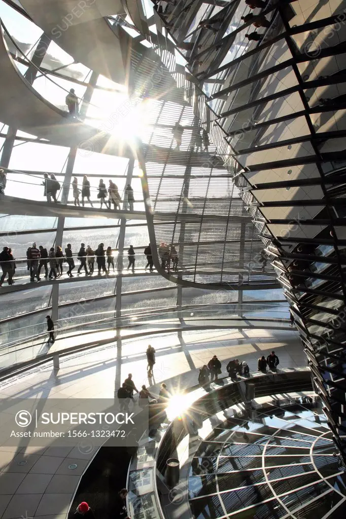 BERLIN, GERMANY: The Reichstag dome is a glass dome constructed on top of the rebuilt Reichstag building in Berlin, symbolize the reunification of Ger...