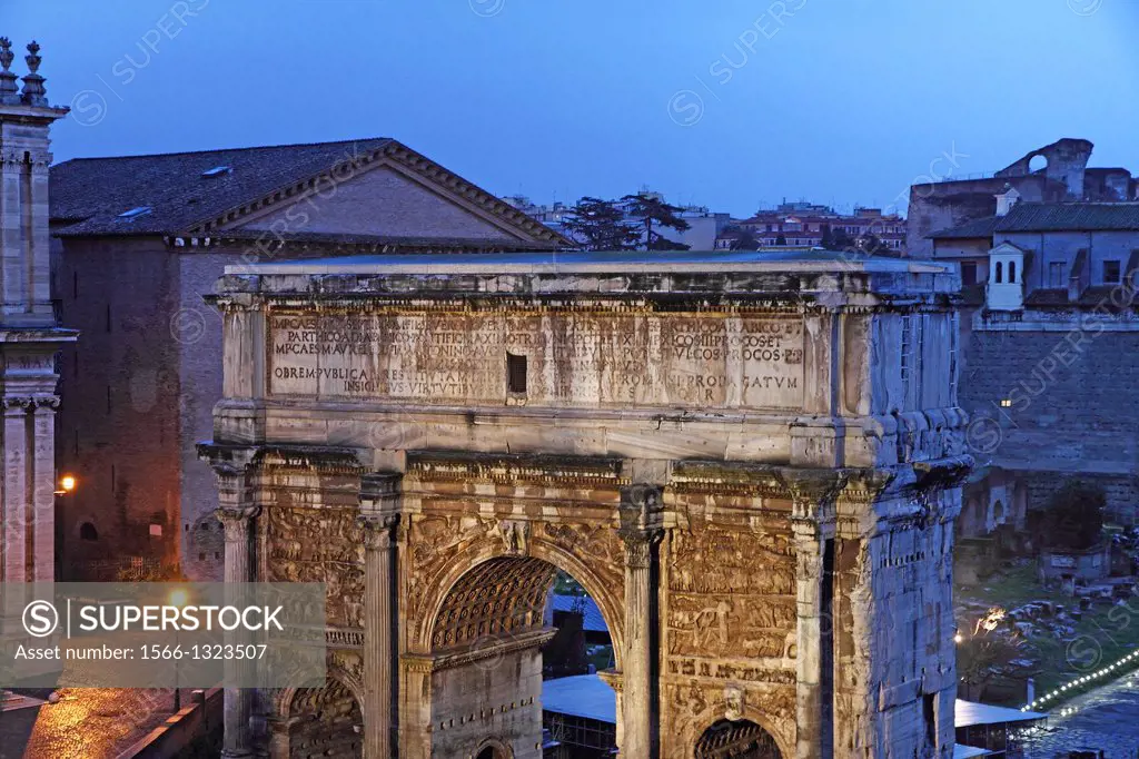 Arch of Septimius Severus and the medieval church in the Roman Forum, Rome, Italy.