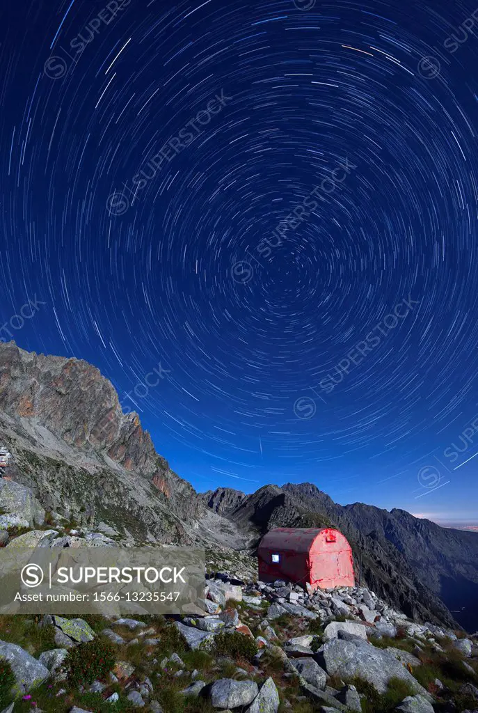 Italy, Piedmont, Cuneo District, Gesso Valley, Alpi Marittime Natural Park, Startrail over the bivouac Guiglia.