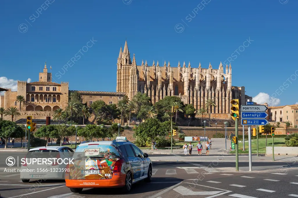 Spain , Mallorca Island, Palma City,Almudaina Palace and La Seu Cathedral.