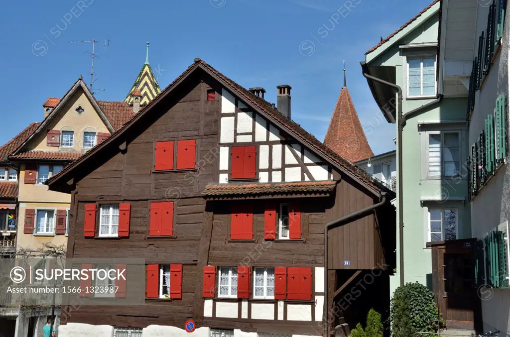 Traditional Swiss wooden building in Dorfstrasse, Zug, Switzerland.