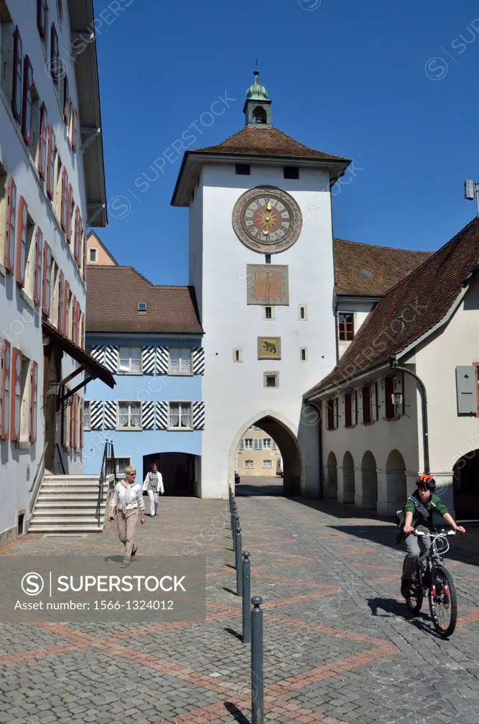 Obertor clock tower and old town, Laufen, Basel-Landschaft, Switzerland.