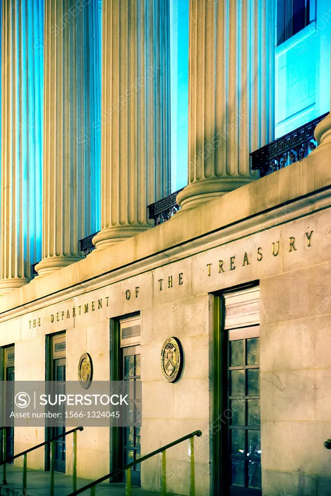 northern entrance of the US Treasury building, Washington D.C., USA.